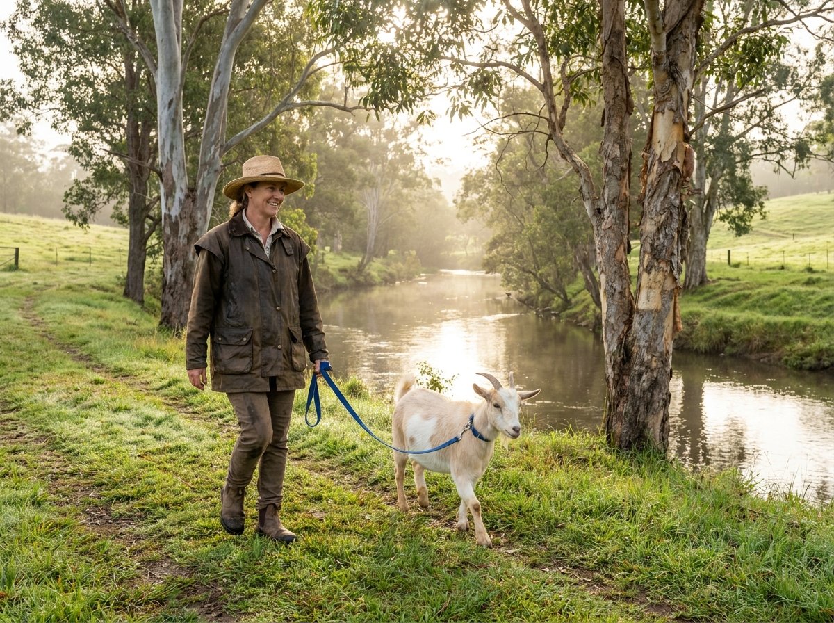 Visitor walking a miniature goat on a lead beside the river at City Chicks Farm, Samford Valley