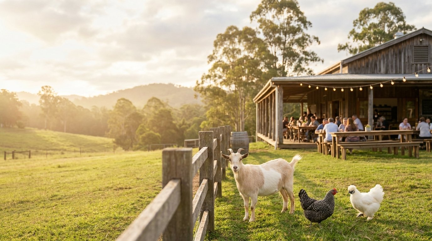 Friendly goat and heritage chickens in front of the City Chicks farm cafe at golden hour, Samford Valley near Mt Glorious Brisbane